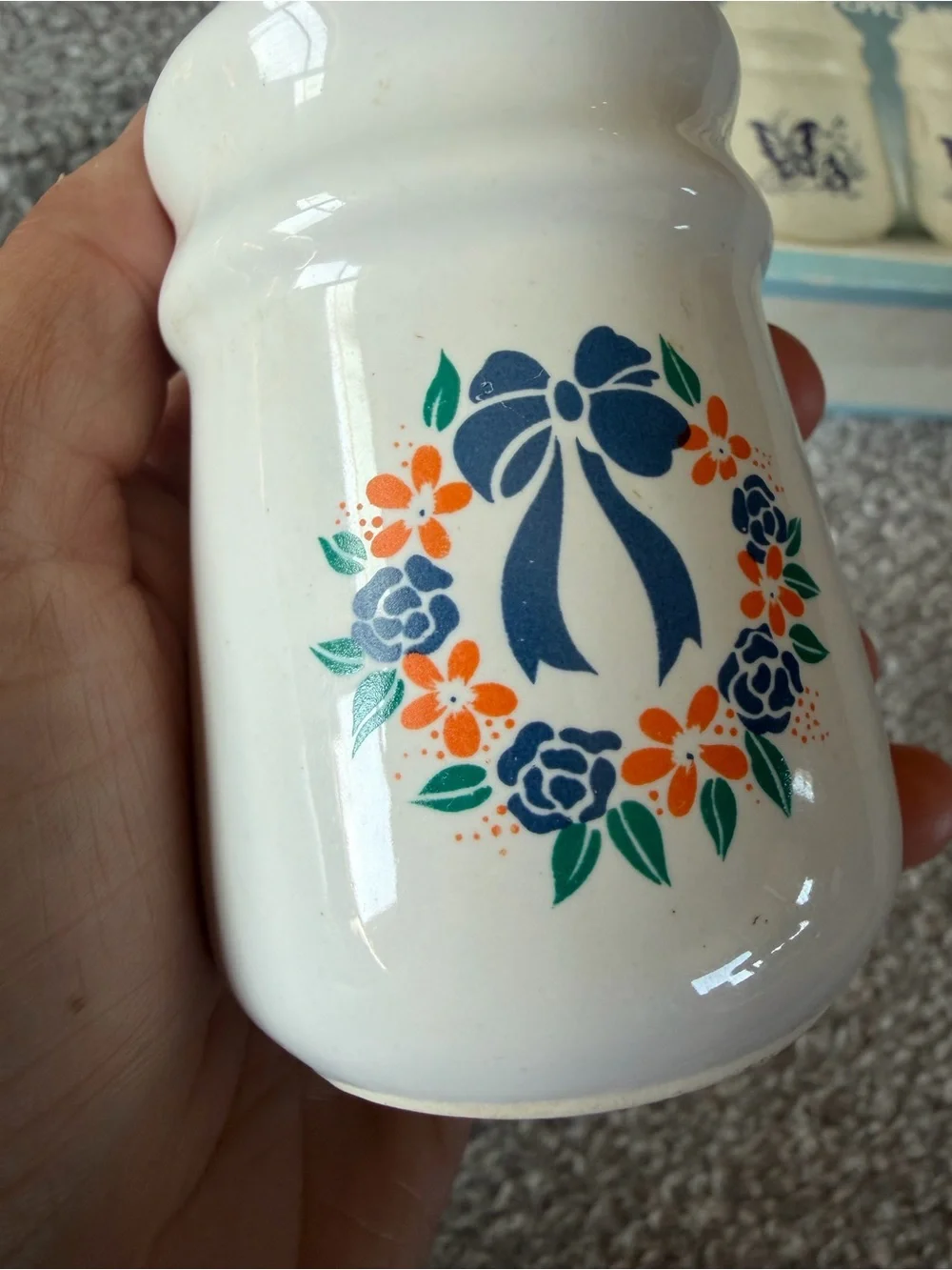 White Stoneware Salt & Pepper Shakers with Blue Floral Wreath